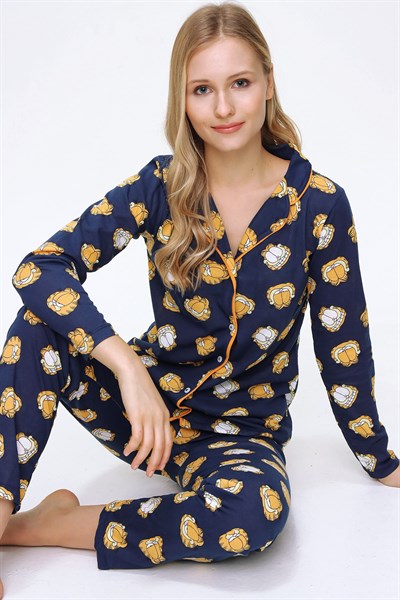 Kadın Lacivet Mıckey Mouse Baskılı Pamuklu Pijama Takımı