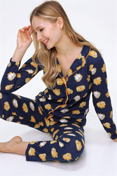 Kadın Lacivet Mıckey Mouse Baskılı Pamuklu Pijama Takımı
