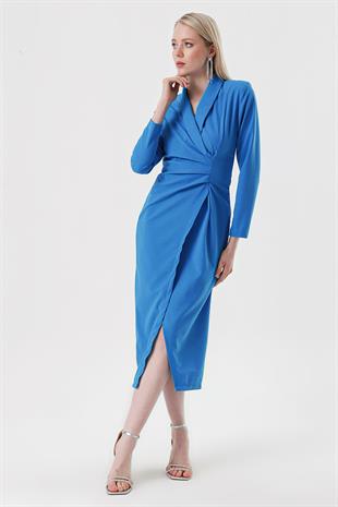 Kadın Mavi Şal Yaka Önü Büzgülü Elbise