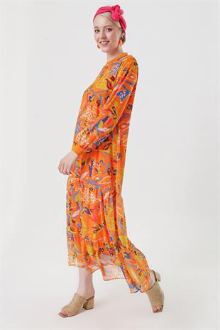 Kadın Orange Desenli Uzun Şifon Elbise
