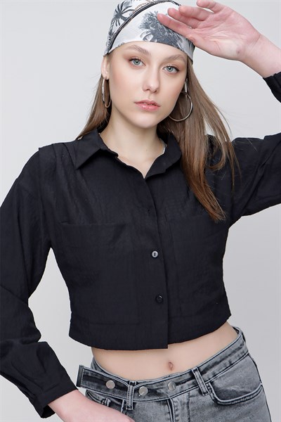Kadın Siyah Cepli Crop Gömlek