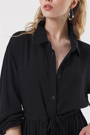 Kadın Siyah Gömlek Yaka Boydan Düğmeli Beli Tünelli Elbise