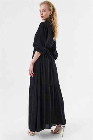 Kadın Siyah Gömlek Yaka Boydan Düğmeli Beli Tünelli Elbise
