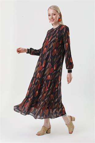 Kadın Siyah Kahve Desenli Uzun Şifon Elbise