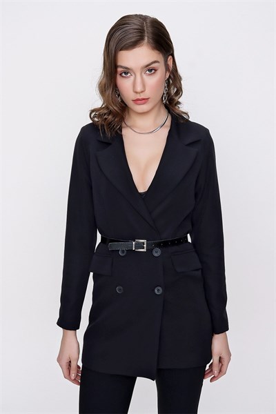 Kadın Siyah Kemer Detaylı Düğmeli Kruvaze Blazer Ceket