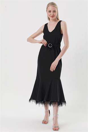 Kadın Siyah Kemerli Balık Model Jile Elbise