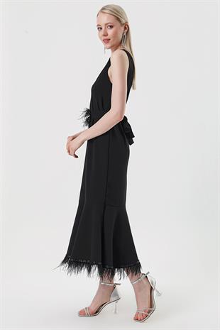 Kadın Siyah Kemerli Balık Model Jile Elbise