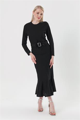 Kadın Siyah Kemerli Uzun Kol Balık Model Elbise