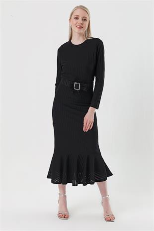 Kadın Siyah Kemerli Uzun Kol Balık Model Elbise