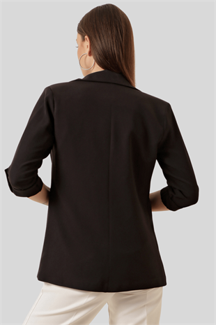 Kadın Siyah Kol Katlamalı Düğmesiz Ceket