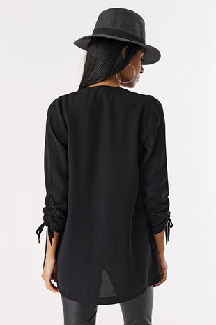 Kadın Siyah Kolu İp Büzgülü Düğmesiz Ceket