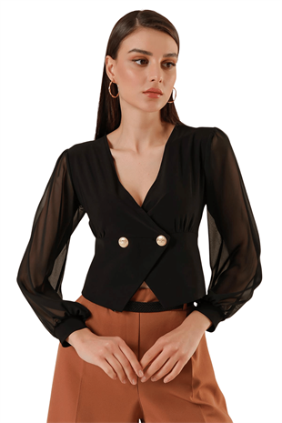 Kadın Siyah Kruvaze Yaka Çift Düğmeli Transparan Kol Bluz