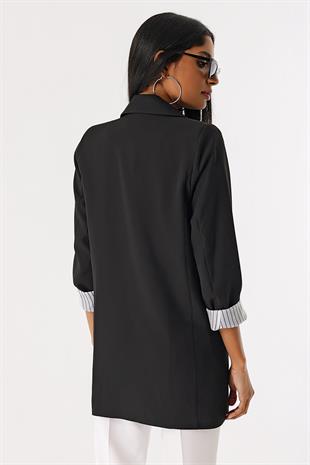 Kadın Siyah Kruvaze Yaka Uzun Ceket