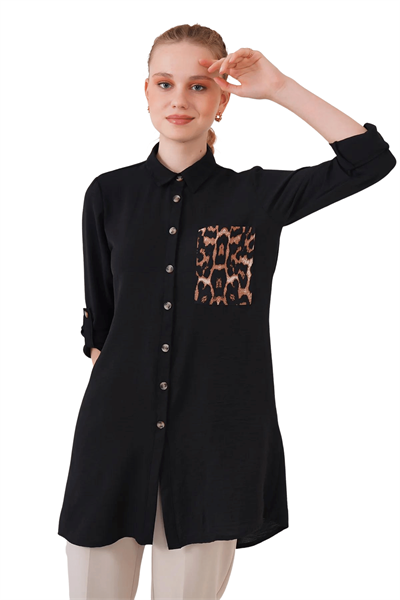 Kadın Siyah Leopar Cep Detaylı Gömlek Tunik