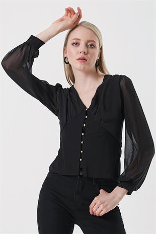 Kadın Siyah Önü Düğmeli Transparan Kol Bluz
