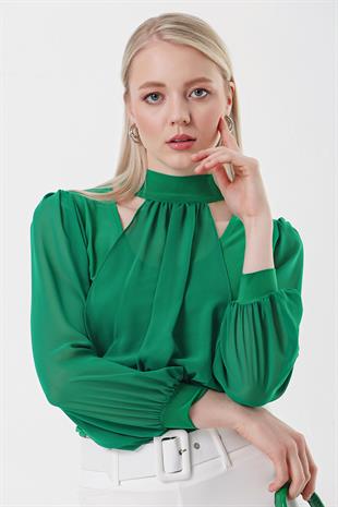 Kadın Yeşil Kolları Tül Şifon Bluz
