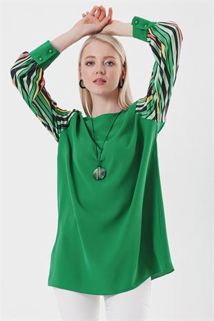 Kadın Yeşil Kolu Desenli Büyük Beden Şifon Bluz