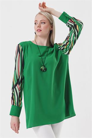 Kadın Yeşil Kolu Desenli Büyük Beden Şifon Bluz