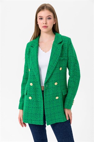 Kadın Yeşil Kruvaze Yaka Metal Düğmeli Şanel Ceket
