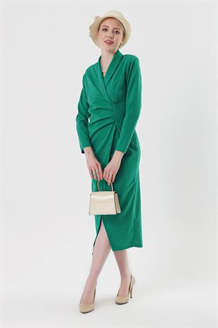 Kadın Yeşil Şal Yaka Önü Büzgülü Elbise