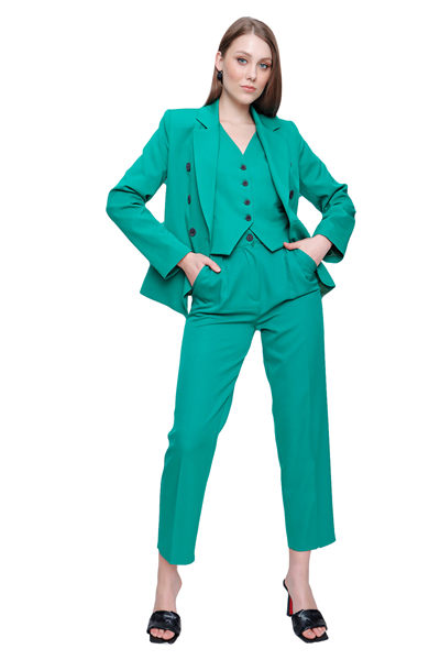 Kadın Yeşil Ceket Yelek Pantolon Üçlü Takım - Butik Buruç
