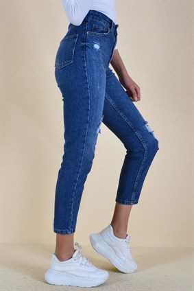 Yırtık Desen Kadın Kot Pantolon - Koyu Mavi 