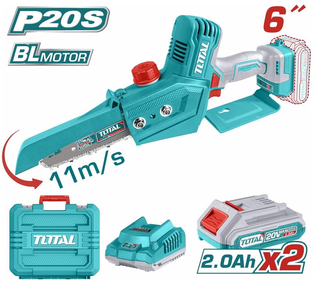 Ağaç MotoruTotal Akülü Mini Ağaç Motoru 15CM 20V (2Ah Akü+Şarjer)