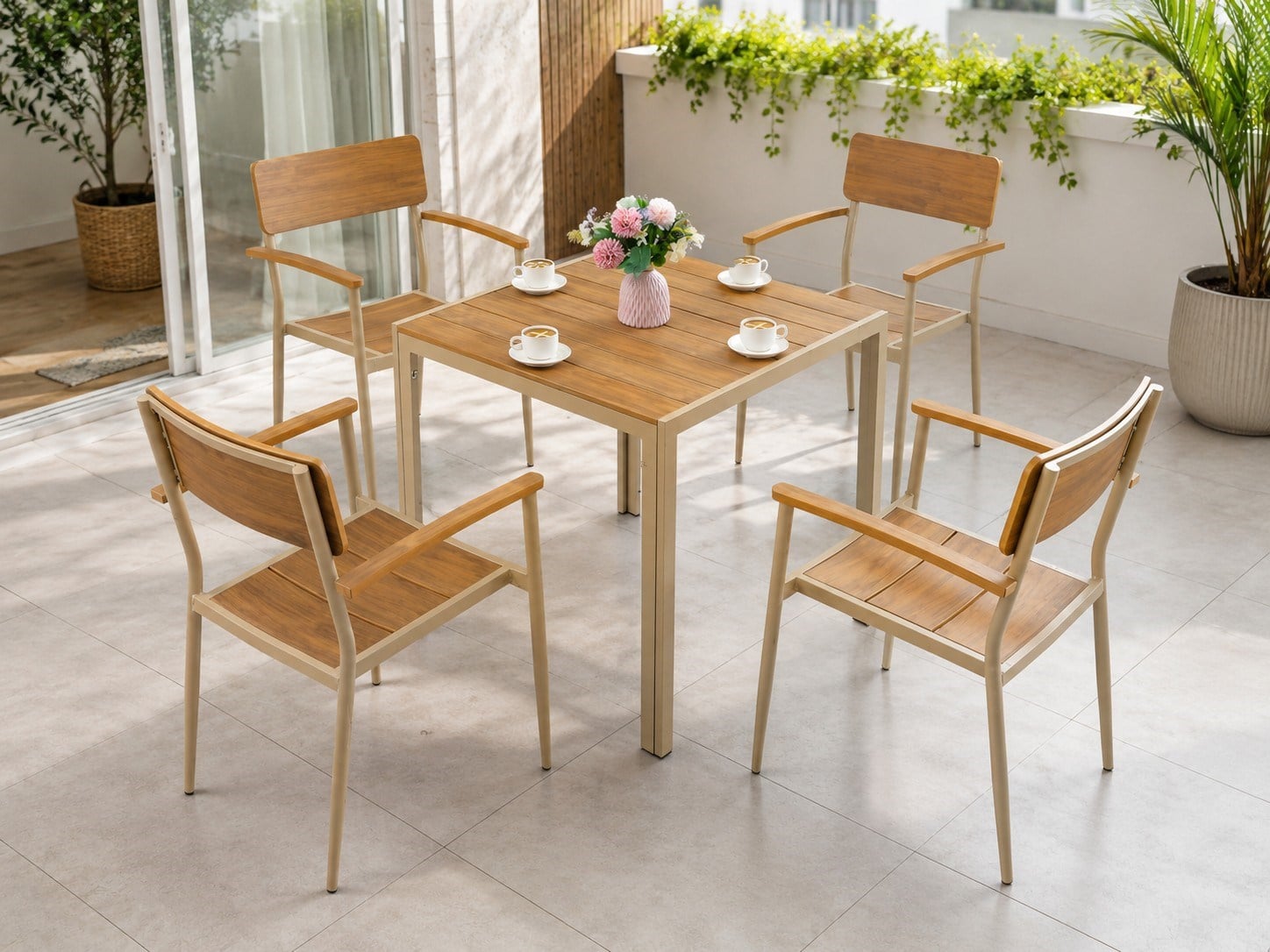 Bahçe MobilyalarıBahçe Masa Seti 4 Sandalye+Masa(80x80CM) Alüminyum Gövde/Plastik Ahşap Detay