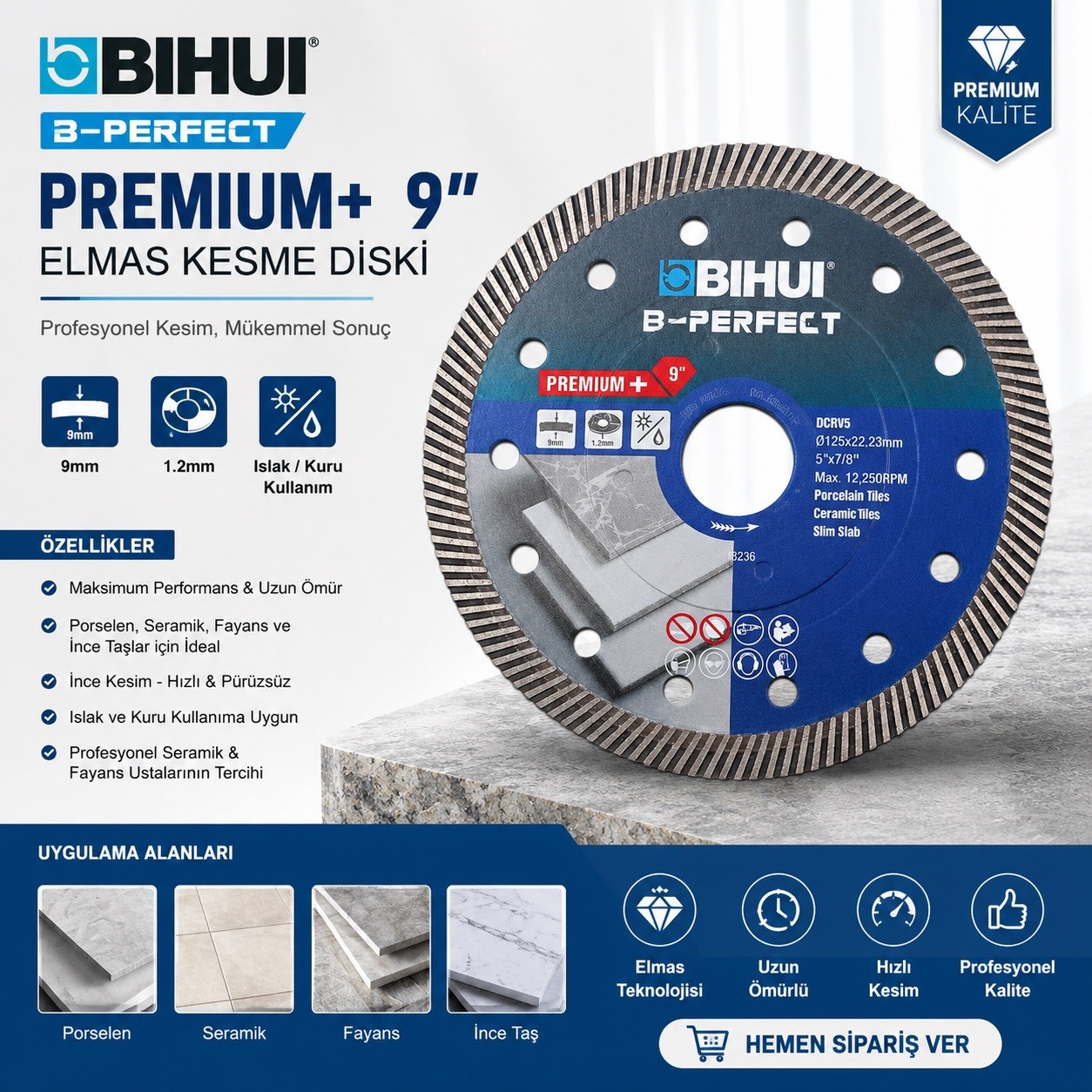 Beton/Seramik KesmeBihui Bıçak Elmas Sulu/Kuru Porselen, Mermer 125×22.23MM