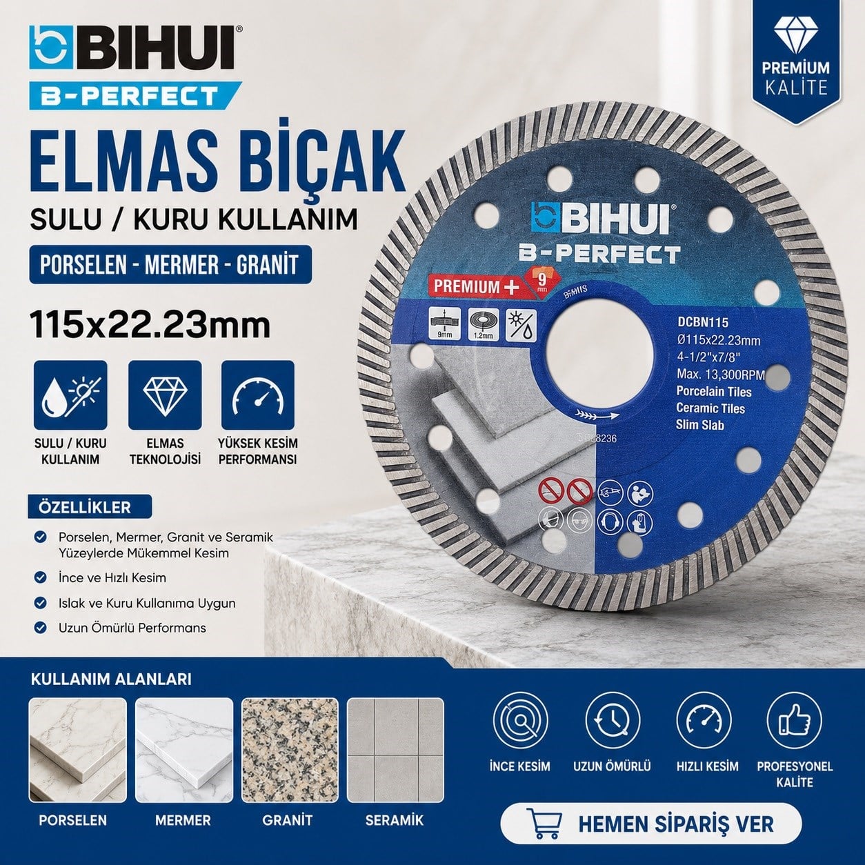 Beton/Seramik KesmeBihui Bıçak Elmas Sulu/Kuru Porselen/Mermer 115×22.23MM
