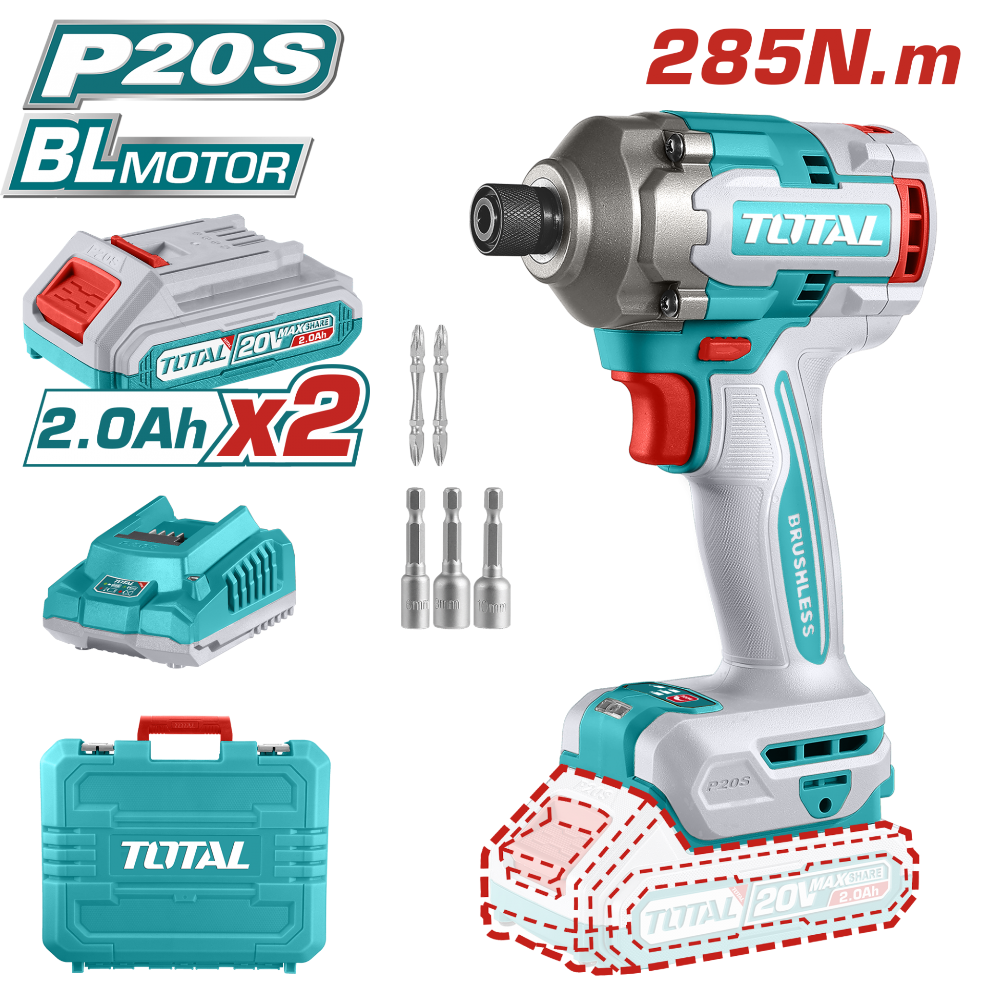 Darbeli MatkapTotal Akülü Matkap Darbeli 20V/285Nm (2Ah Akü + Sarjer)