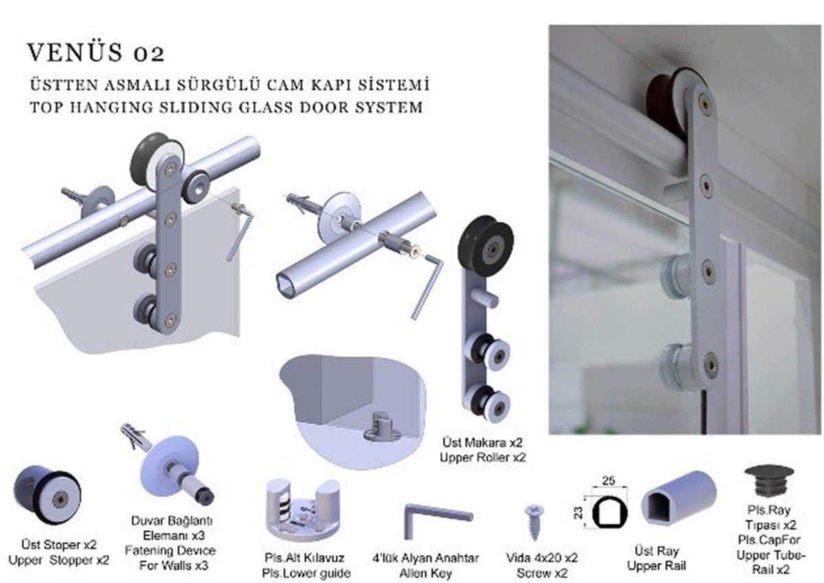 Kapı/Dolap AksamlarıMepa Sürme Kapı Rayı Üstten Asmalı Cam Kapı İçin 1.67 Metre