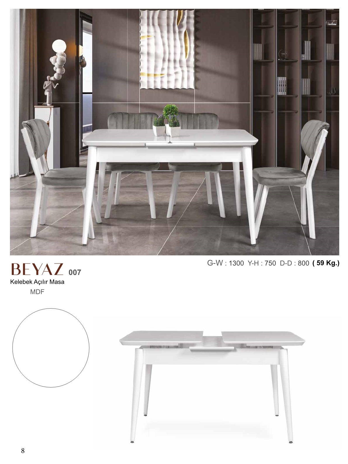 MasaKelebek Açılır Masa Beyaz Mdflam 130CMx75CMx80CM