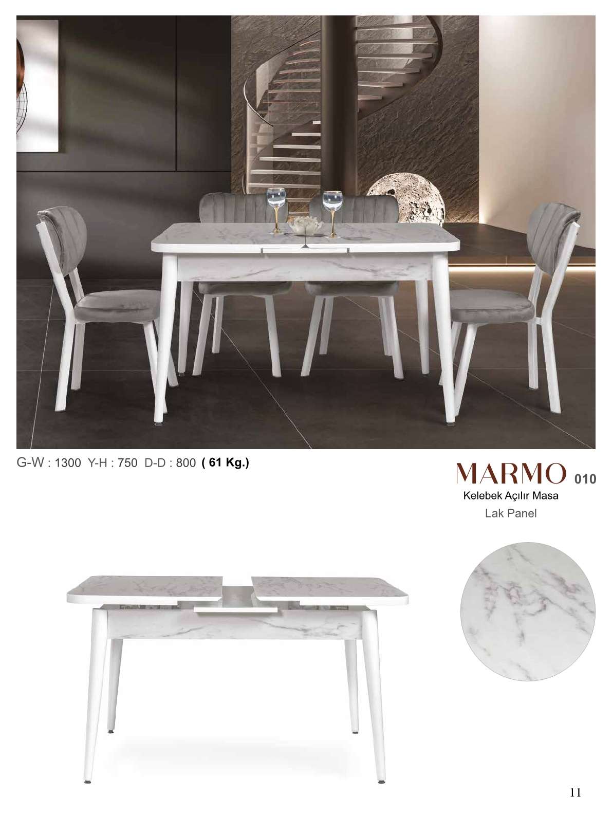 MasaKelebek Açılır Masa Marmo Lak Panel 130CMx75CMx80CM