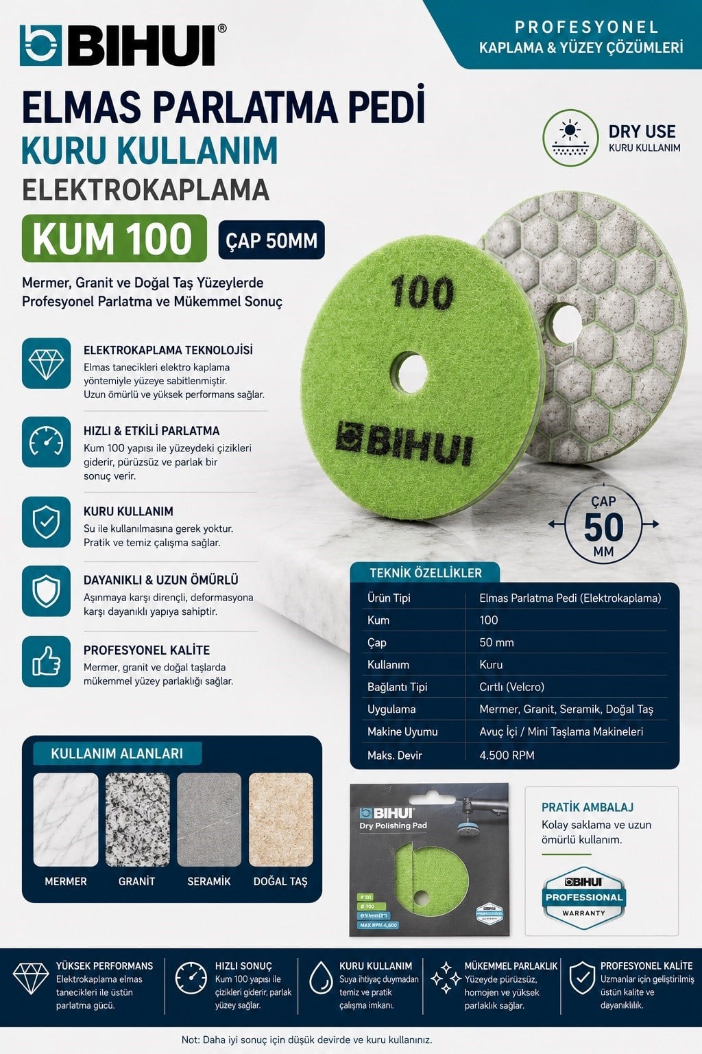 Poliş AksesuarlarıBihui Kuru Polisaj Pedi Kum 100 Çap 50MM