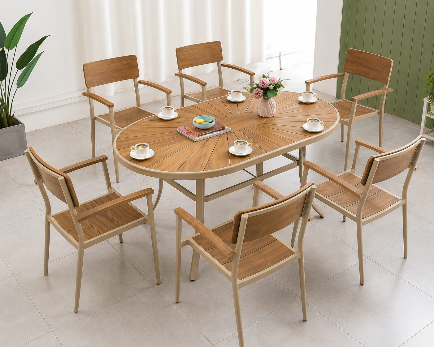 Bahçe MobilyalarıBahçe Masa Seti 6 Sandalye+Masa(160x90CM) Alüminyum Gövde/Plastik Ahşap Detay