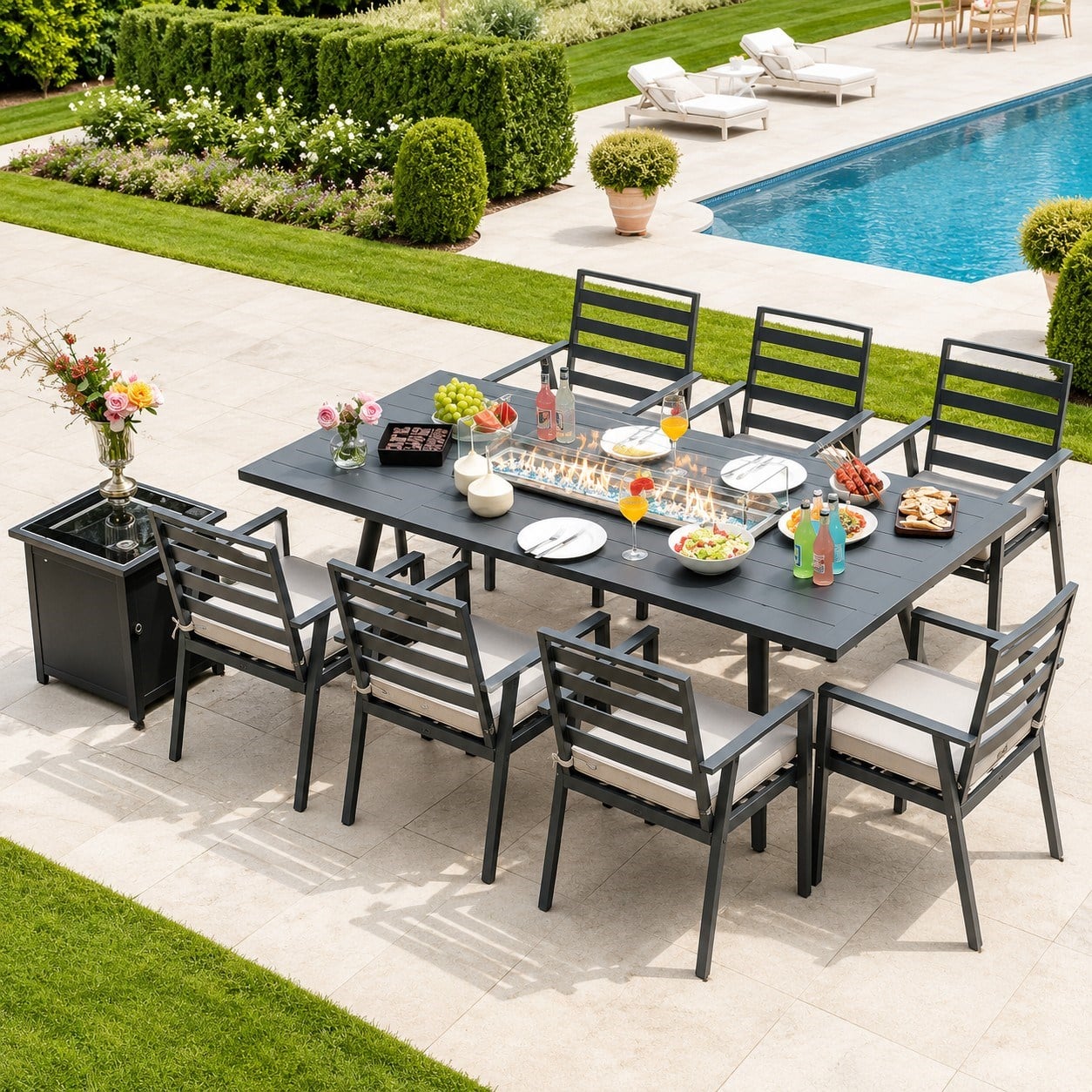 Bahçe MobilyalarıBahçe Yemek Seti 6 Sandalye+Fire Pit Masa(205X90X75CM)+Yan Sehpa Aleminyum Gövde