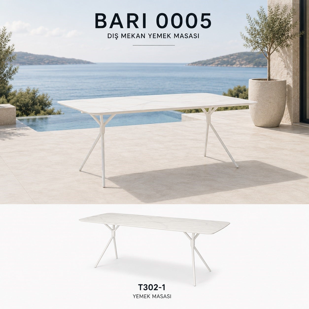Bahçe MobilyalarıBari Yemek Masası 240x100x75 cm, Beyaz Sinter Taşlı Alüminyum