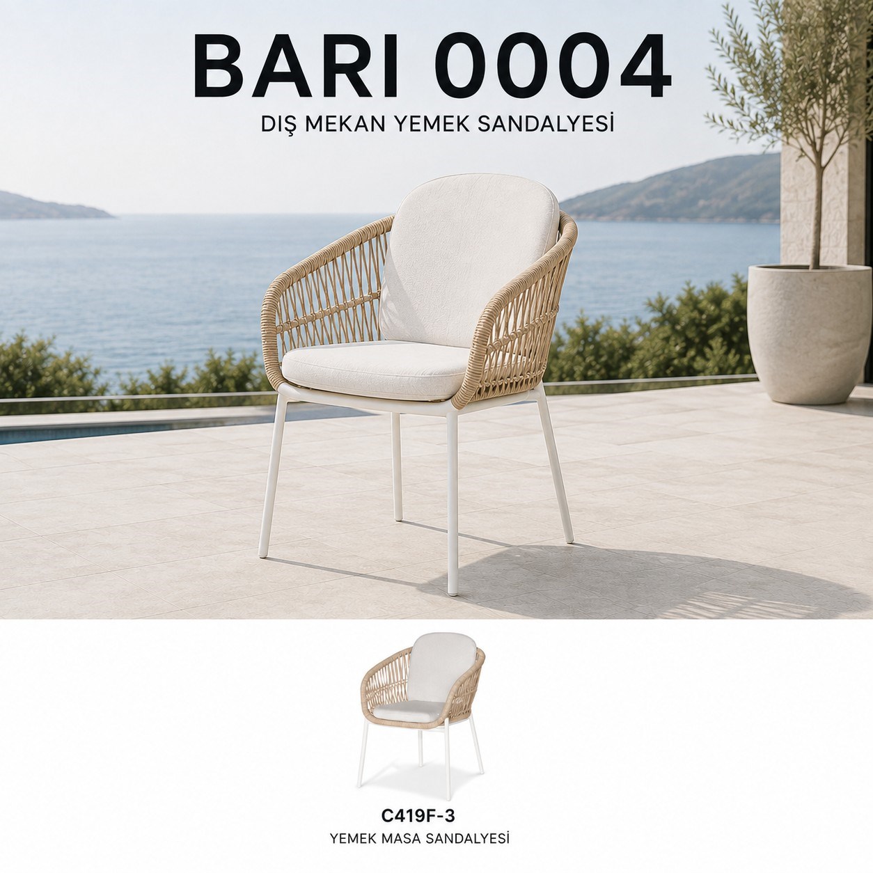 Bahçe MobilyalarıBari Yemek Sandalyesi 62x63x77 cm, Krem Minderli Beyaz Alüminyum