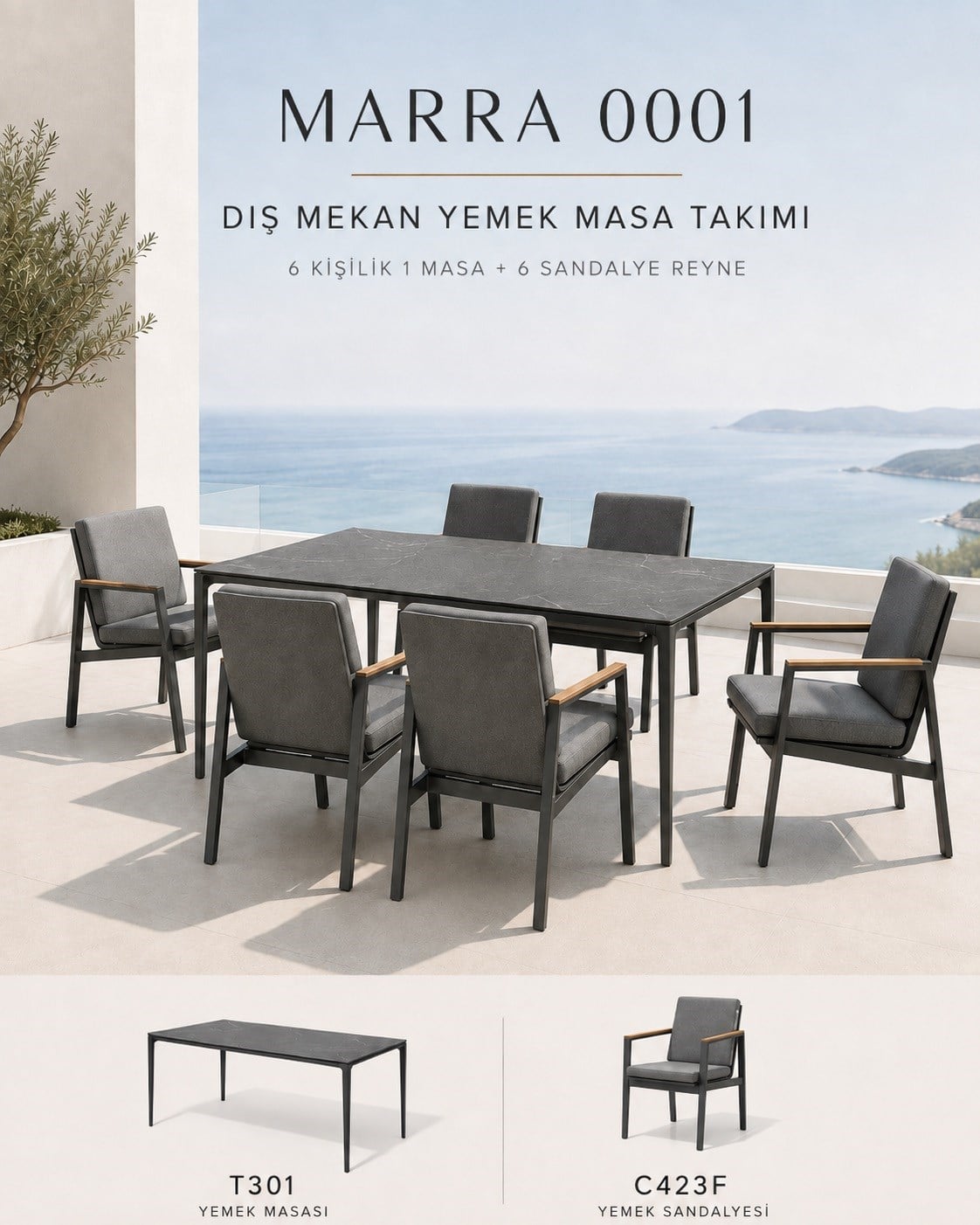 Bahçe MobilyalarıMarra 6 Kişilik Yemek Takımı: 240 cm Masa ve 6 Reyne Sandalye Alüminyum