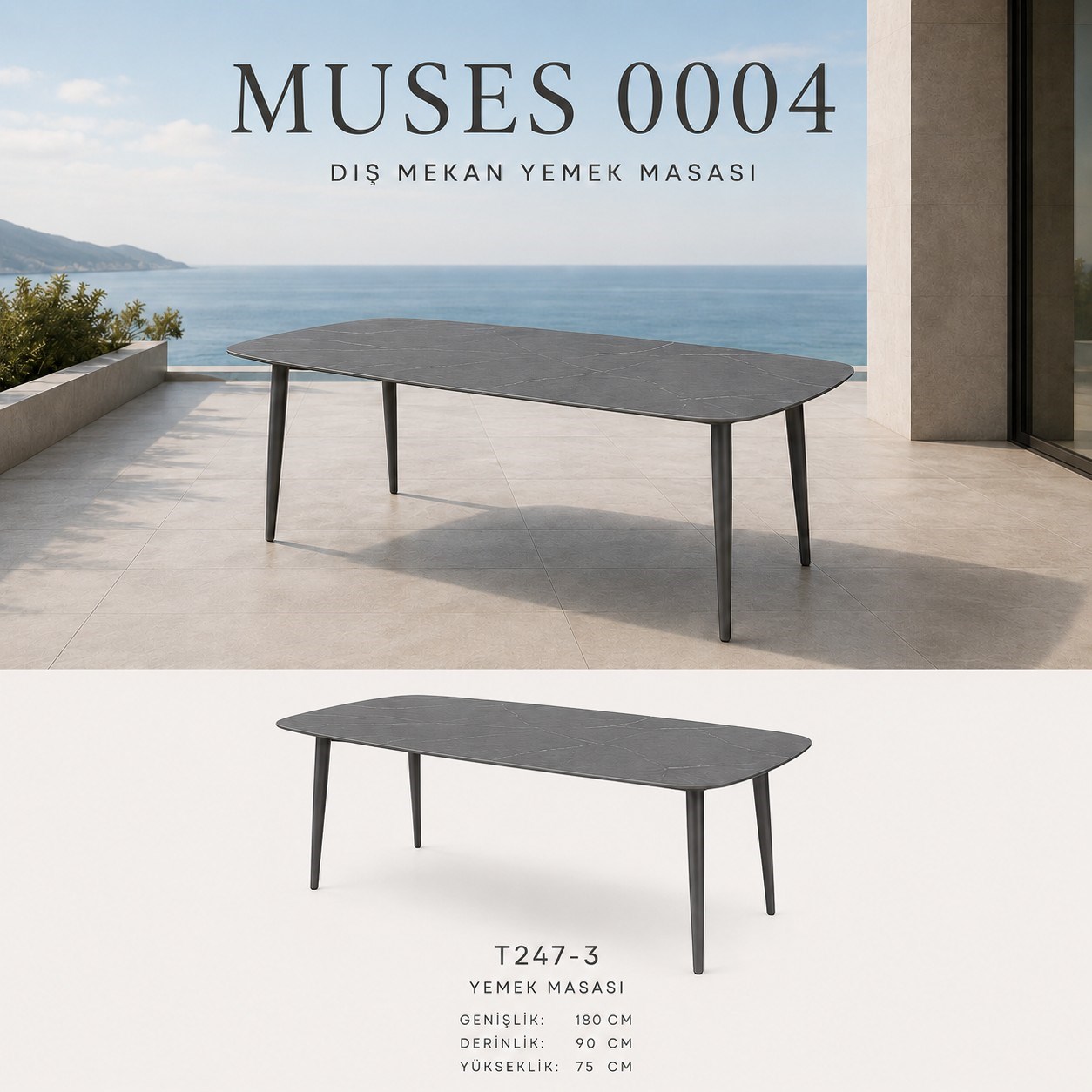 Bahçe MobilyalarıMuses 6 Kişilik Yemek Masası 180x90x75 cm, Gri Taş/Antrasit Alüminyum