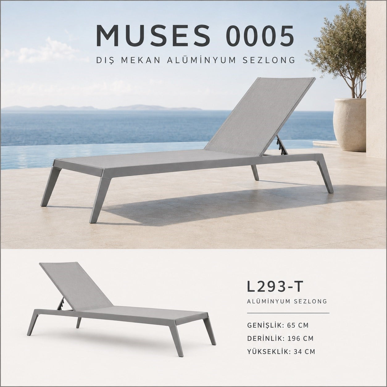 Bahçe MobilyalarıMuses Alüminyum Şezlong 192x65x35 cm, Antrasit Textilene Kumaş Alüminyum