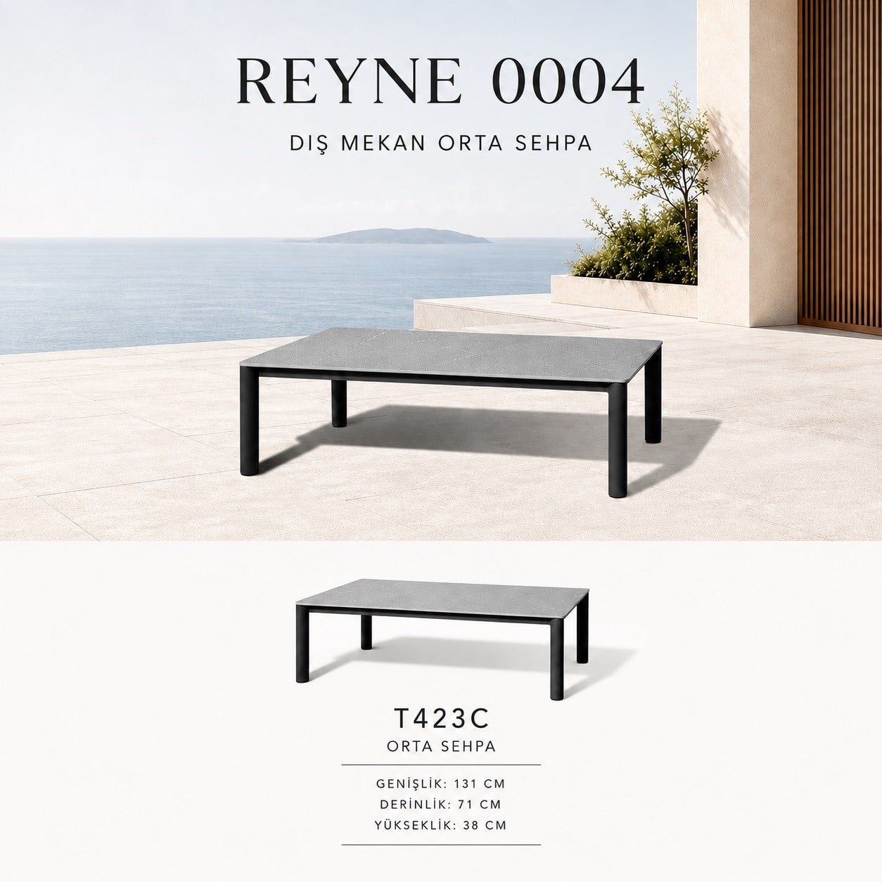 Bahçe MobilyalarıReyne Orta Sehpa 131x71x38 cm, Gri Sinter Taşlı Antrasit Gövde Alüminyum