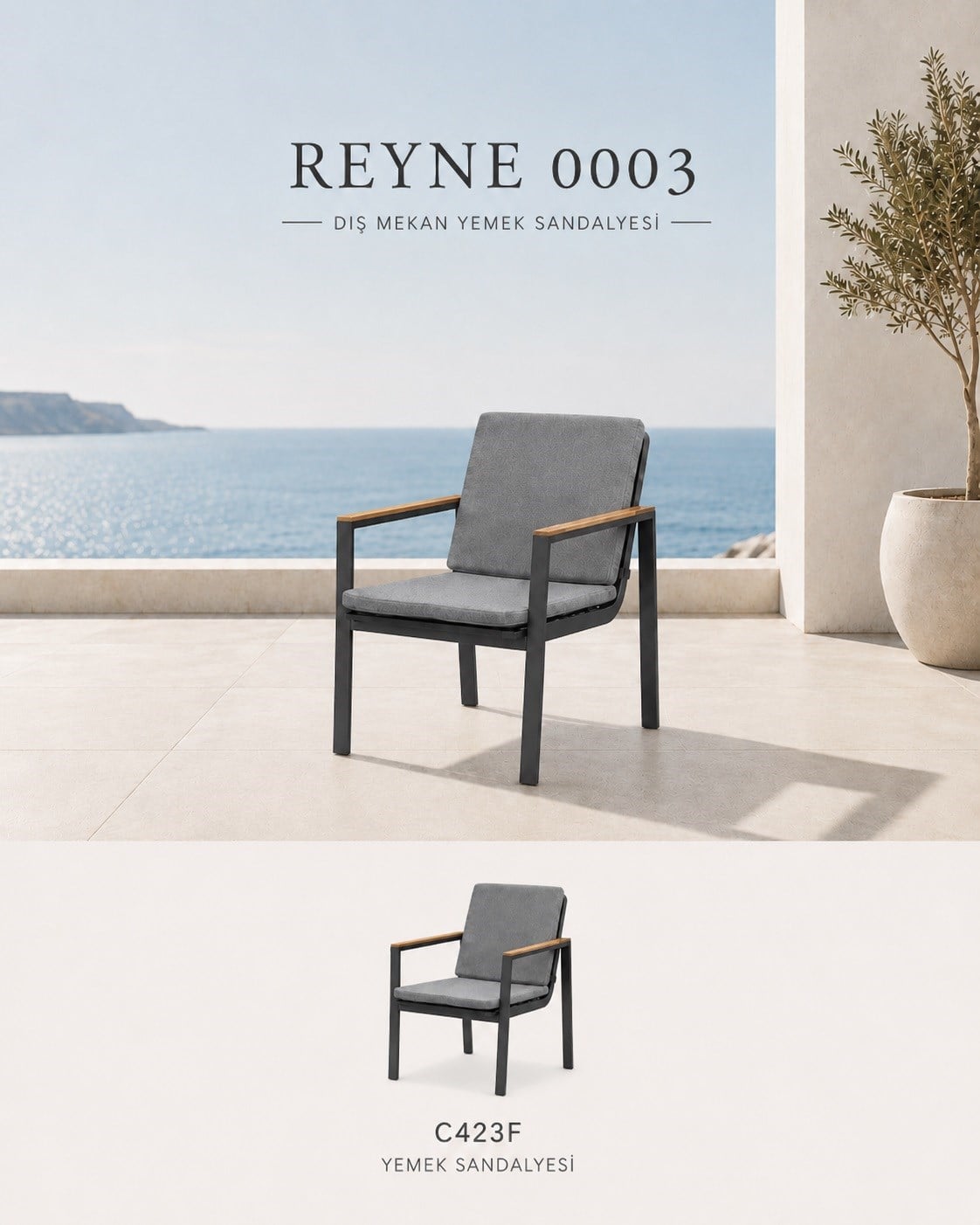 Bahçe MobilyalarıReyne Yemek Sandalyesi 60x66x86 cm, Teak Kollu Antrasit Alüminyum