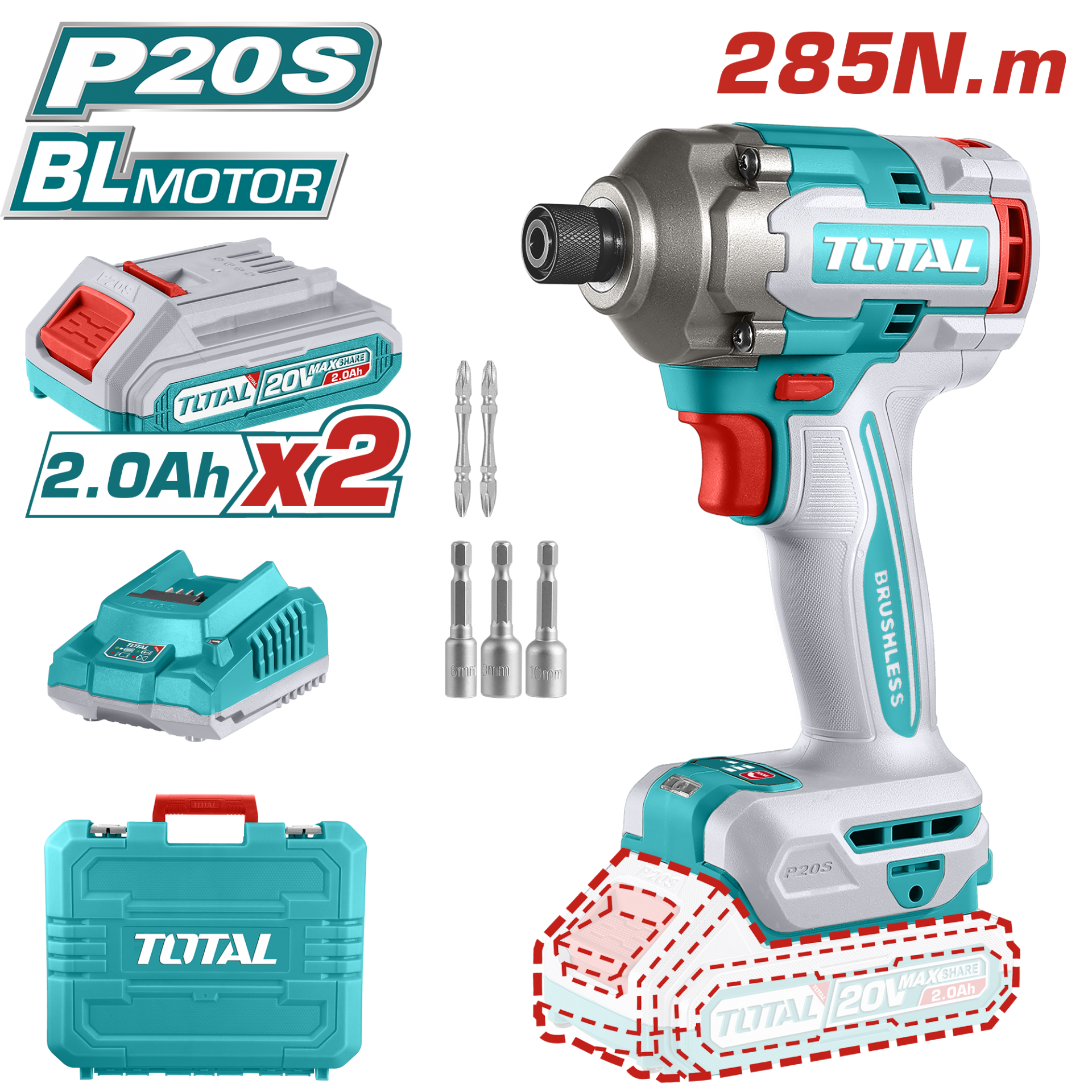 Darbeli MatkapTotal Akülü Matkap Darbeli 20V/285Nm (2Ah Akü + Sarjer)
