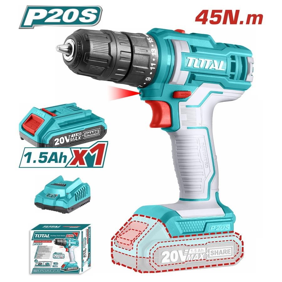 Darbesiz MatkapTotal Akülü Matkap Darbesiz 20V/45Nm (2Ah Akü + Şarjer)