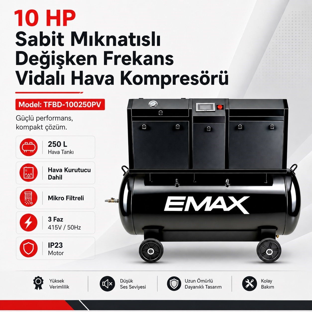 KompresörlerMax Kompresör Vidalı Trifaze 415V/50HZ 10HP 250L