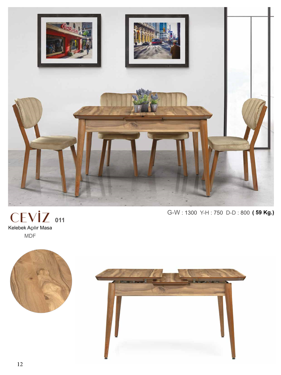 MasaKelebek Açılır Masa Ceviz Mdflam 130CMx75CMx80CM