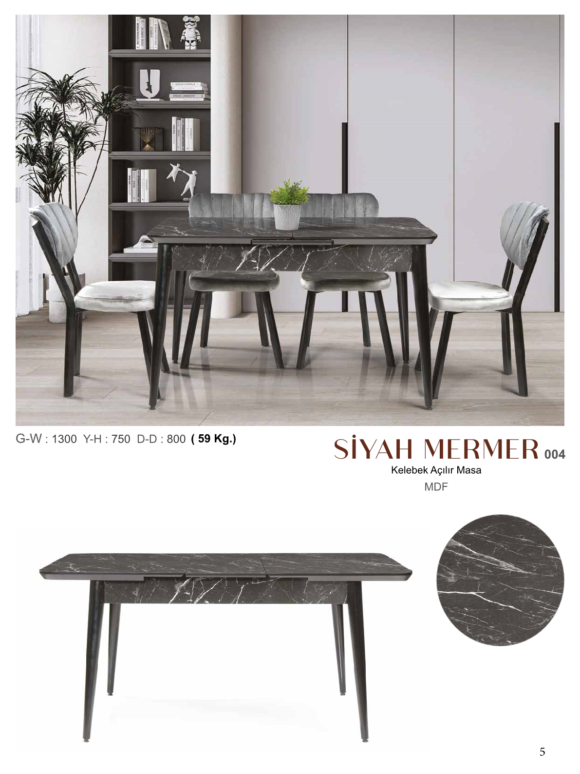 MasaKelebek Açılır Masa Siyah Mermer Mdflam 130CMx75CMx80CM