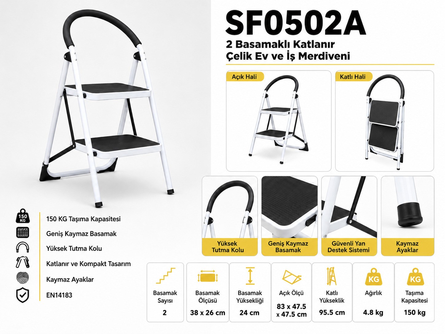 MerdivenlerMerdiven 2 Basamaklı Katlanır Çelik Ev ve İş (83 cm)